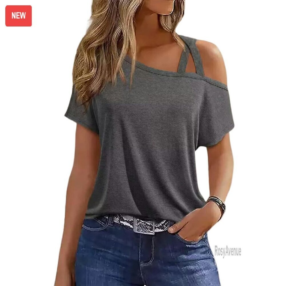Criss-Cross One Shoulder Cold Shoulder Tee Cotton Blend Loose Fit